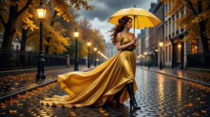 Obraz premium Beautiful woman with long dress walking in the rain with a yellow umbrella