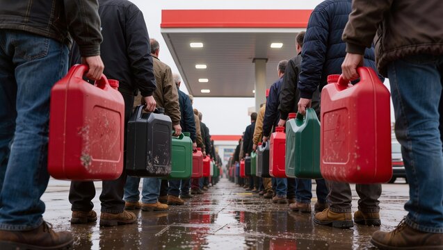 Fuel shortage line at gas station with people carrying jerrycans