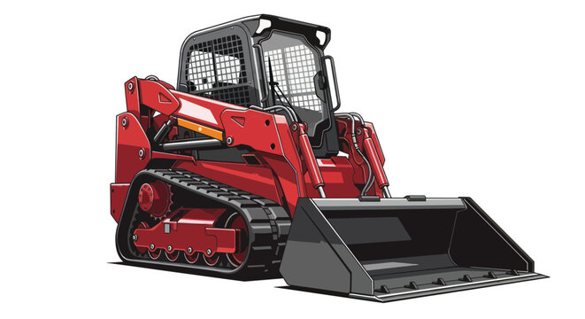 Red Skid Steer Loader with Bucket, Construction Equipment Vector Illustration
