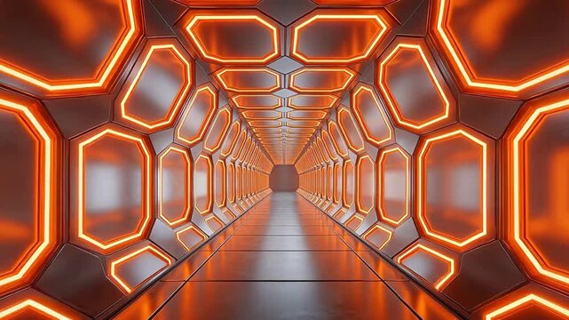 Futuristic corridor with glowing orange hexagons
