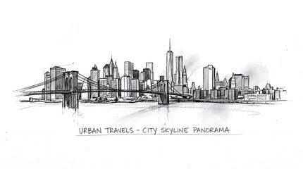 Obraz premium A detailed sketch depicts a sprawling city skyline with a majestic bridge spanning across a body of water capturing an urban panorama