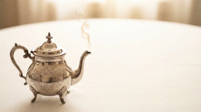 Steaming silver teapot on a table for luxury dining and beverage service