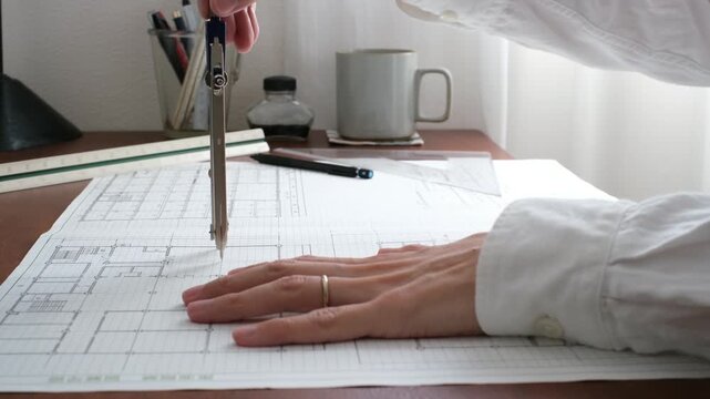 建築士が製図作業を行う手元　コンパスを使った建築設計図の作成 An architect working on a drawing	