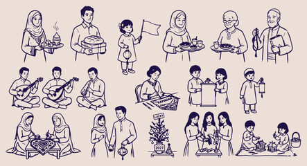 Obraz premium Traditional asian festival gathering, communal celebration line art, people at cultural event, festive food sharing doodle, community bonding sketch, ethnic holiday scene, social gathering illustratio