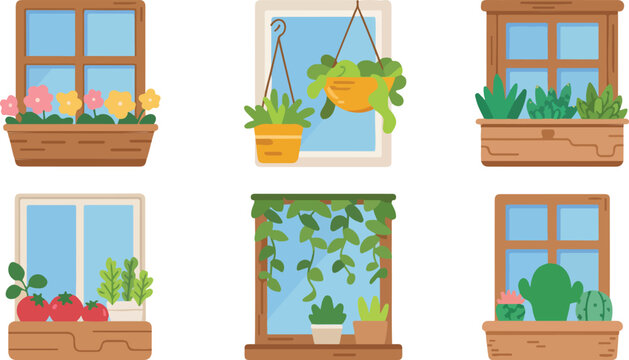 Flat cartoon illustration of window box planters with flowers succulents vegetables and cactus arranged in grid on white background