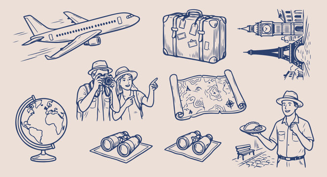 World travel and vacation planning, international tourism and adventure illustration, luggage and passport vector doodle, airplane and world map collection, global exploration and trip icons, hand dra