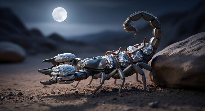 Scorpion on rocky desert landscape moonlit night.