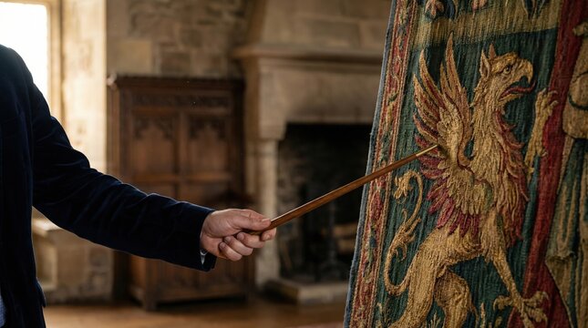 Man in dark jacket points at a detailed tapestry featuring a golden griffin design, displayed in a historic room with stone walls and wooden furniture, showcasing traditional craftsmanship a