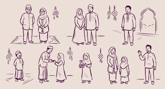 Muslim marriage and family bonding, traditional islamic wedding illustration, happy arab couple and kids, middle eastern family life doodle, ethnic clothing and culture vector, hand drawn religious fa