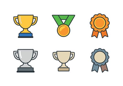 Set of award icons featuring trophies, medals, and rosette ribbons in gold, silver, and bronze styles for achievement and competition ranking