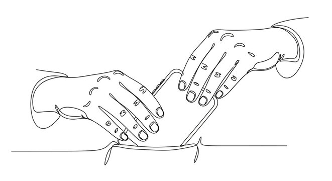 Close-up of hands holding a slice of bread for sandwich preparation, line art illustration