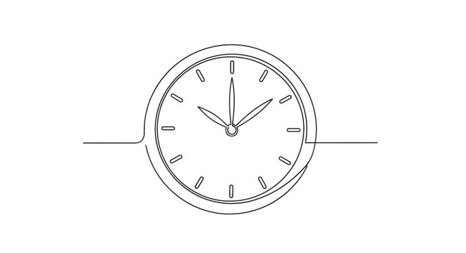 Minimalist continuous line drawing of a round analog clock face on a white background.