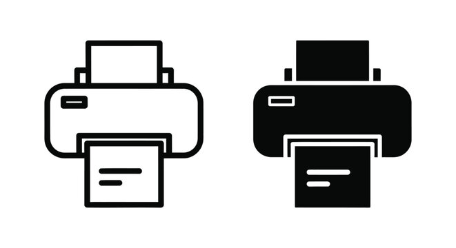 Professional printer icon set featuring outline and solid glyph styles for office document management, business printing services, and digital workflow interfaces.