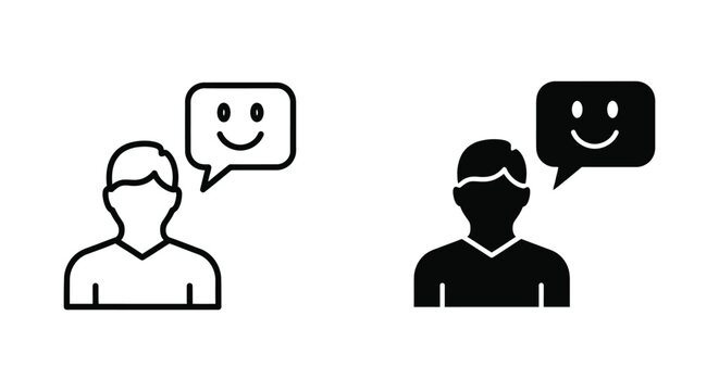 Minimalist vector icons of a person with a smiley face speech bubble representing positive customer feedback, user satisfaction, and happy client testimonials for business websites.