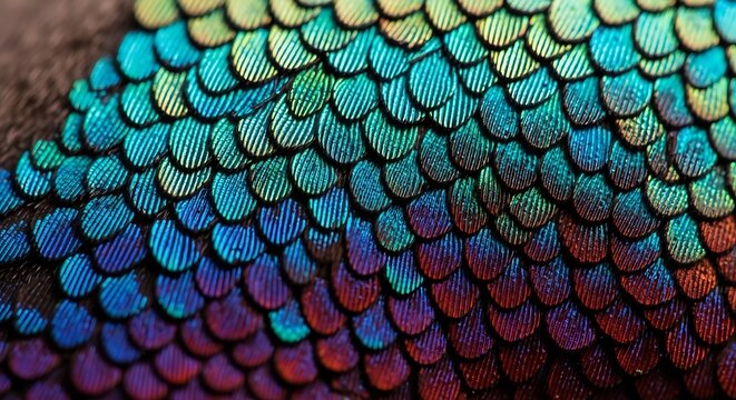 Macro closeup of iridescent hummingbird feathers, showing vibrant blue, green, and purple structural color patterns and intricate texture of individual plumage scales