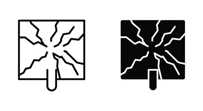 Minimalist vector icons representing a cracked smartphone screen and broken glass display, ideal for mobile repair services, digital device failure concepts, and technical support interfaces.