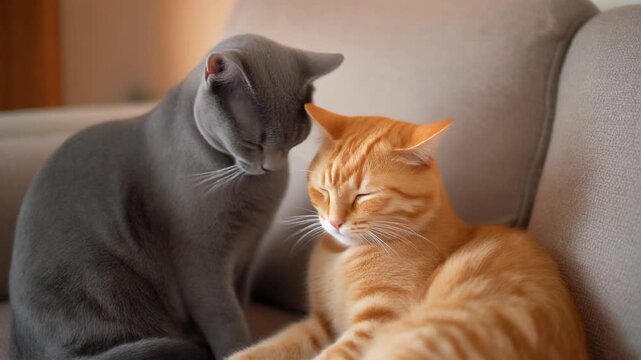  二匹の猫が仲良くお互いを毛繕い
