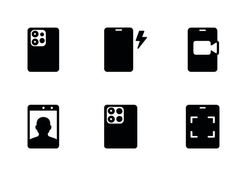Minimal black smartphone interface icon set showing camera lenses, charging battery, video recording, user profile, rear camera module, and focus frame symbols
