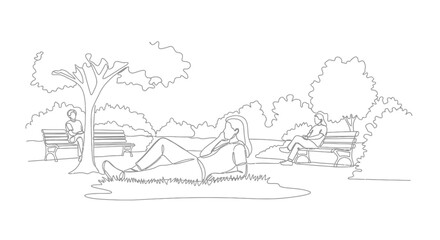 Obraz premium People relaxing in a park line drawing, enjoying nature and leisure time outdoors.
