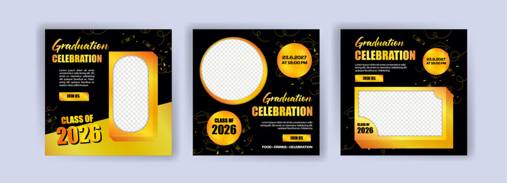 Graduation 2026 social media post templates. Elegant black and gold design with photo placeholders, perfect for university commencement invites and school celebration announcements.