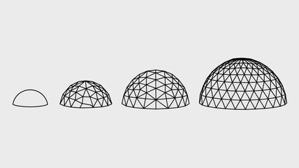 A series of progressively larger geodesic domes are depicted in a simple black and white line drawing against a neutral background high quality professional detailed modern © Roxxxxxxxxx