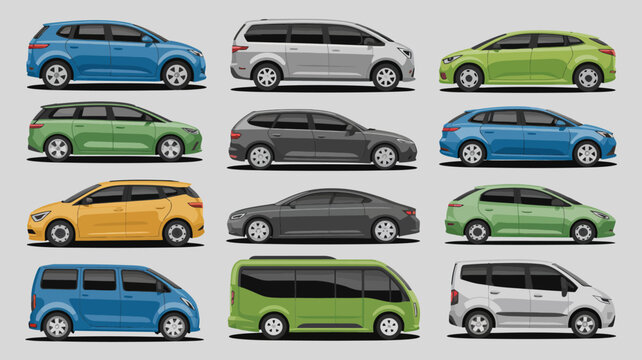 A colorful arrangement displays nine different car models including hatchbacks suvs and minivans in varying shades high quality professional detailed modern elegant stylish clean crisp vibrant