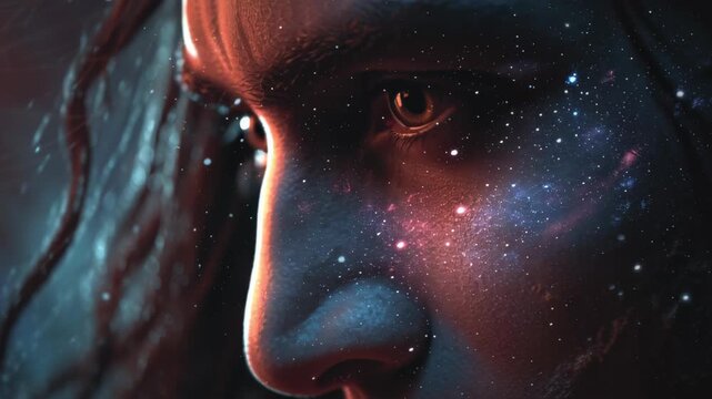 Close-up of Adiyogi's cosmic face glowing with stars, symbolizing divine meditation
