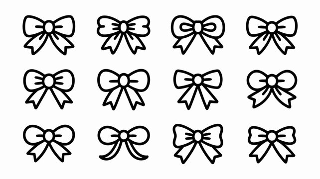 A collection of twelve black and white line art bows arranged in a grid pattern on a clean white background high quality professional detailed modern elegant