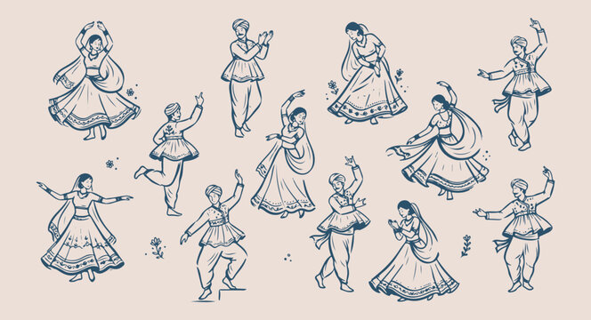 Indian folk dance illustration, traditional Garba celebration vector, Dandiya night cultural graphics, festive people dancing line art, Gujarati folk dance sketch, ethnic celebration design elements, 