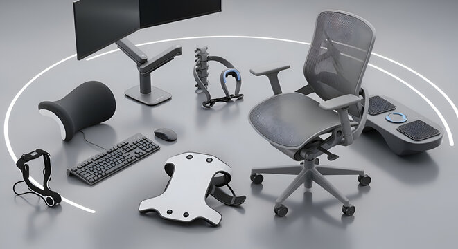 Disassembled ergonomic office chair parts.