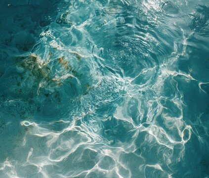 Close up of clear turquoise pool water with bright sunlight reflecting on the surface creating shimmering patterns and light rays with small particles floating beneath the water surface in a vibrant