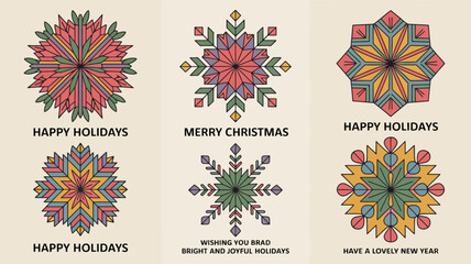 A collection of six colorful geometric snowflake like designs are displayed with holiday greetings underneath each pattern high quality professional detailed modern elegant stylish clean crisp © Roxxxxxxxxx