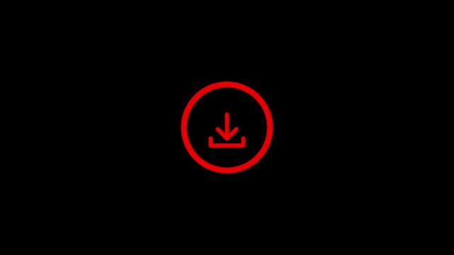 RED Loading icon with arrow down symbol for download animation on black background