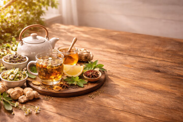 Fototapeta premium Herbal tea in glass cup with lemon, ginger and fresh mint on wooden table, bright wellness morning scene with natural sunlight and wide copy space for health branding.