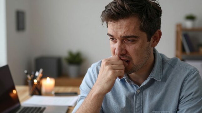 Contemplative man in blue shirt deep in thought at modern workspace