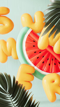 Summer concept with inflatable watermelon and yellow summer text on turquoise blue background. 3D Rendering, 3D Illustration