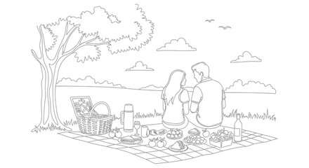 Obraz premium Couple enjoying a picnic under a tree, line art drawing, romantic outdoor meal