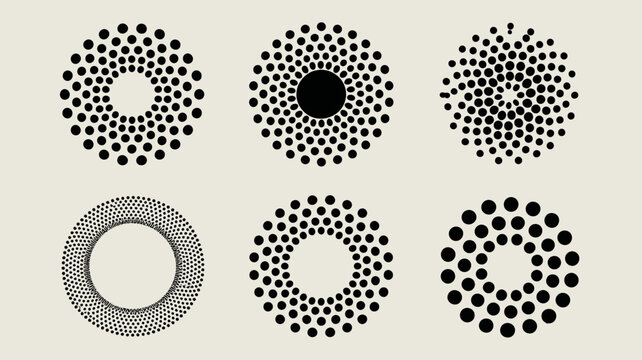 This image displays six circular arrangements of black dots on a beige background varying in density and form high quality professional detailed modern elegant stylish clean