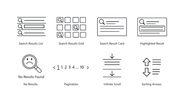 Minimal line icon set illustrating search interface elements including results list and grid, result cards, highlighted items, pagination, scroll, and sorting