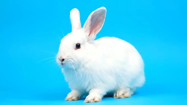 White rabbit sitting on bright blue background. 4K Video