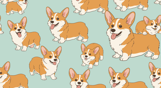 Cute Corgi Dog Pattern Seamless Background Illustration.