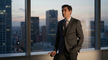 Fototapeta premium Businessman in Suit Standing by Window with City View at Dusk