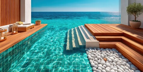 Fototapeta premium Luxury infinity pool with turquoise tiles and wooden deck overlooking the ocean at a seaside villa