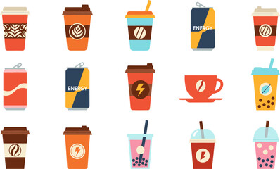 Coffee, Energy Drink, and Bubble Tea Vector Set with Colorful Cups, Lids, Straws, and Modern Designs for Beverage Lovers © Saidi