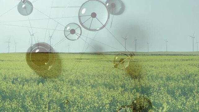 Nodes entering from left drifting and clustering, wheels pulsing, showing energy over crop turbines