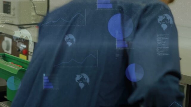 Tech inspecting opening boxes routing wires adjusting panel for electronic test with data overlays