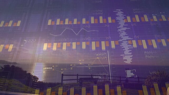 Sun reflecting, charts appearing over seaside bench, bars rising and scrolling, visualizing trends
