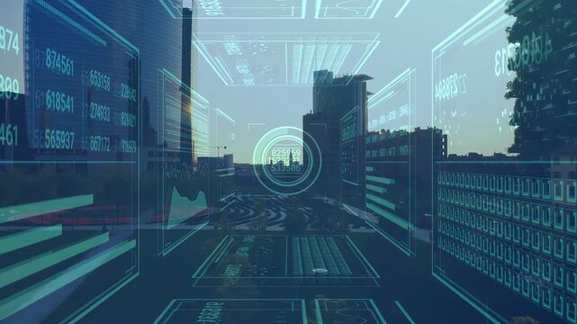 Central skyline HUD pulsing and advancing as sun flare triggers data updates revealing street view