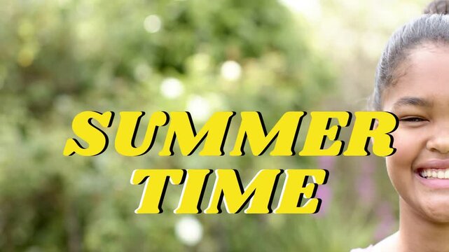 garden opening causing child at right edge smiling gradually while SUMMER TIME remaining centered