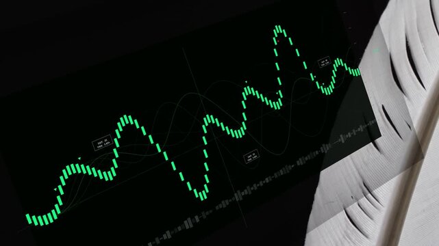 Green segmented waveform animating after audio rise, peaking and showing levels beside fabric
